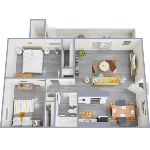 a 3d rendering of our 1 bedroom apartment at princeton court apartments in dallas